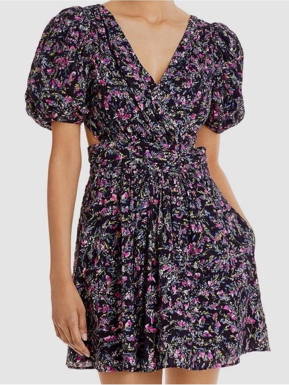 French Connection Navy and Pink Floral Puff-Sleeve Mini Dress with the Cutout